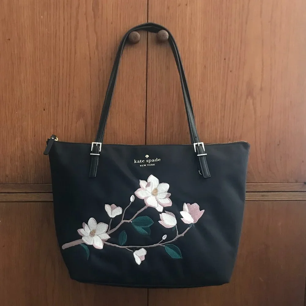 Perfect for Spring! Kate Spade Watson Lane Embroidered Maya Black Nylon Tote